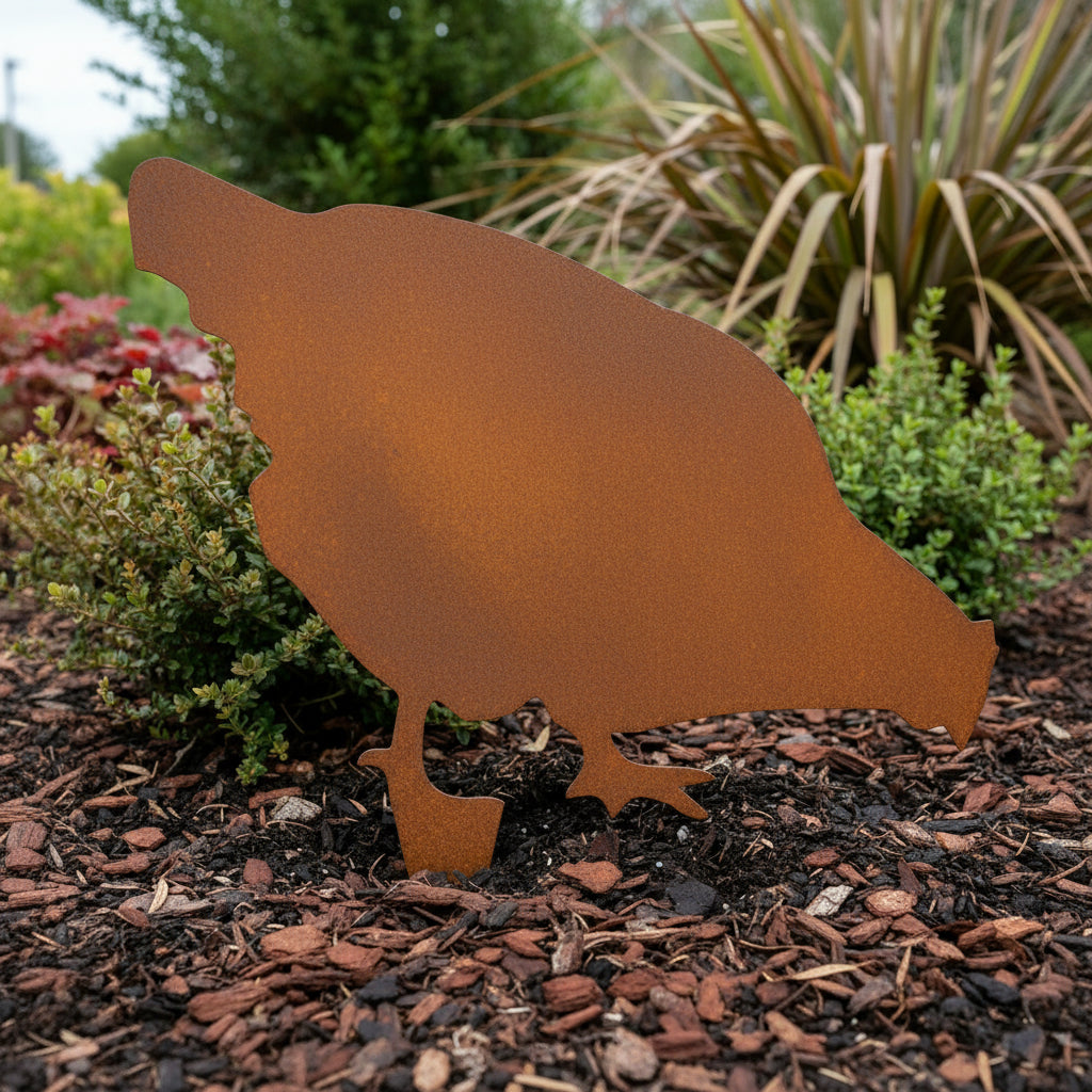 Rust-colored metal Chicken silhouette on a mulched garden bed with plants in the background